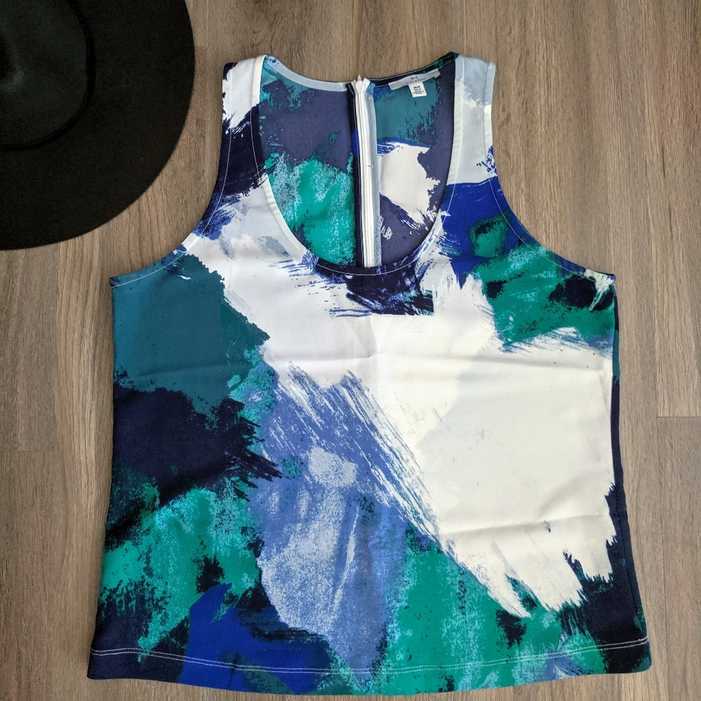 H By Halston Blue Watercolor Sleeveless Blouse M
